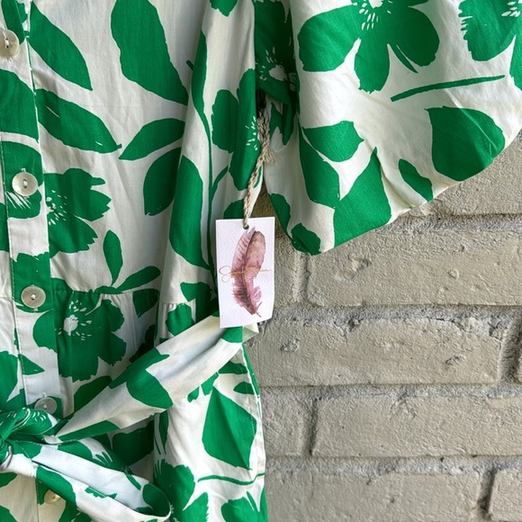 Jessica Simpson Sz XS Dress Cotton Green&White Puffy sleeve pockets Tiered Belt - Picture 3 of 6